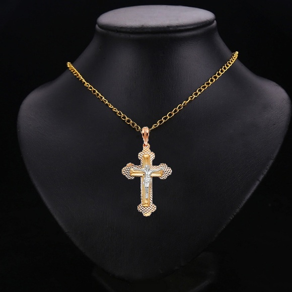14K Tri Color Religious Crucifix Pendant - Picture 2 of 3